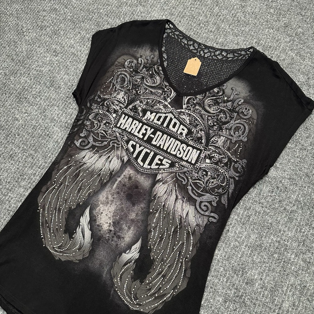 Harley Davidson Angle Wing Tee Medium Black -Lace Back -Rhinestone Embellished‎